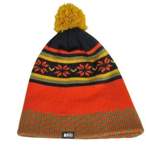 REI Co Op Kids L XL Fair Isle Poof Beanie Hat Orange Green Winter